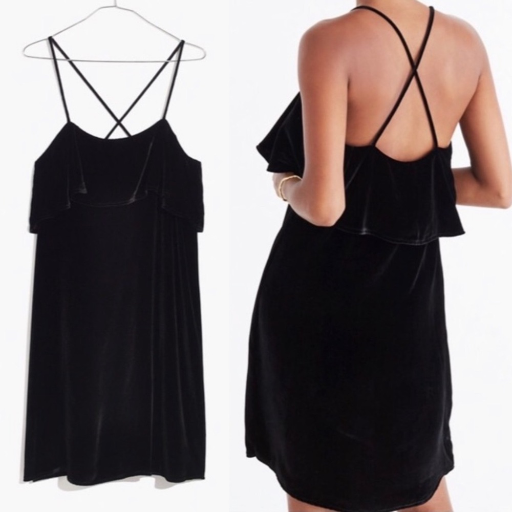 Madewell Strappy Black Velvet Silk Blend Ruffle Mini Holiday Dress Sz M